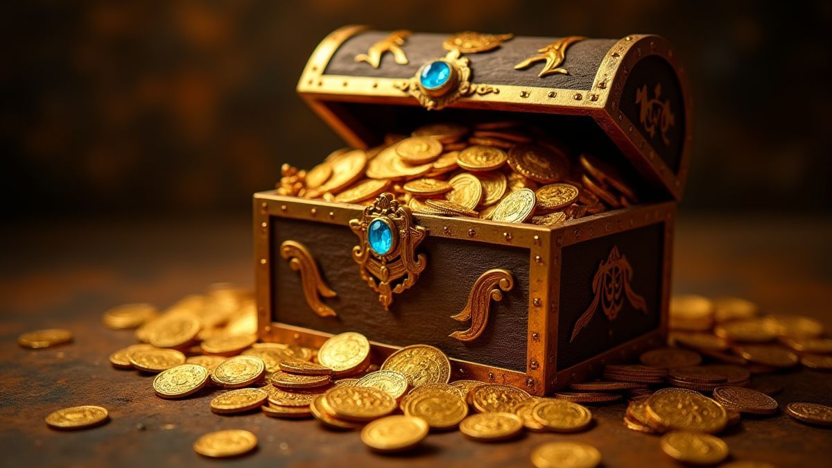 Cofre de tesouro árabe cheio de moedas de ouro e joias